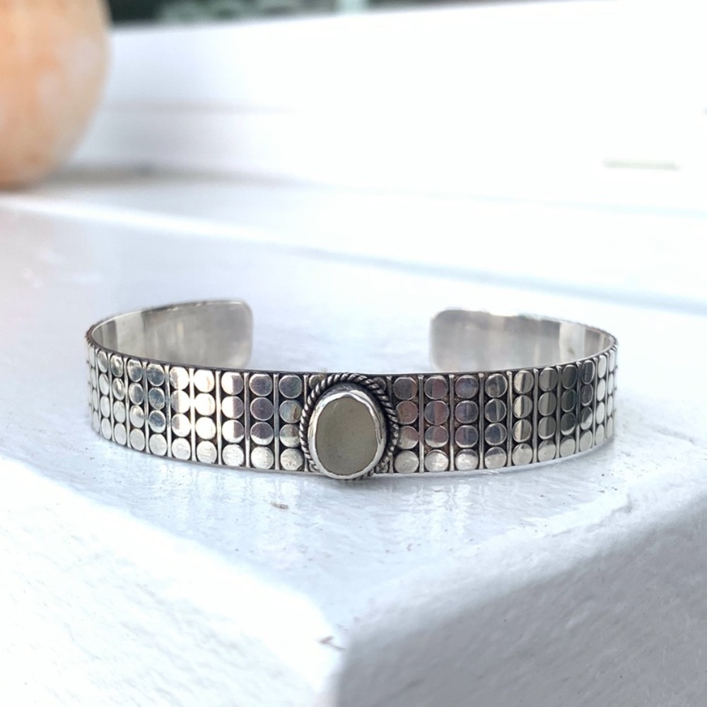 Sterling silver White Sea glass cuff
